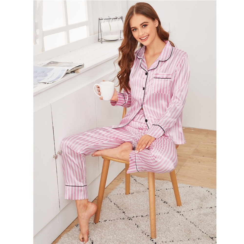 Satin Pink Stripes 2 Piece Pajamas Set